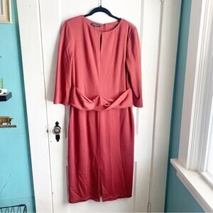 Lafayette 148 Wineberry Keyhole Virgin Wool Dress 3/4 Sleeve Twist Waist Size XL